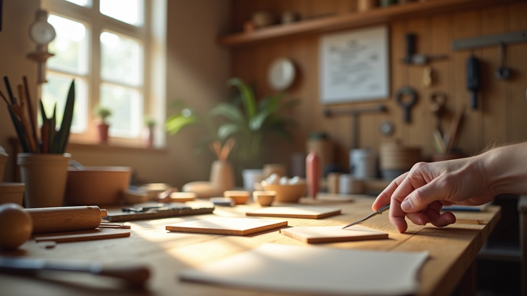Atelier artisanal avec outils et matériaux de travail, lumière naturelle