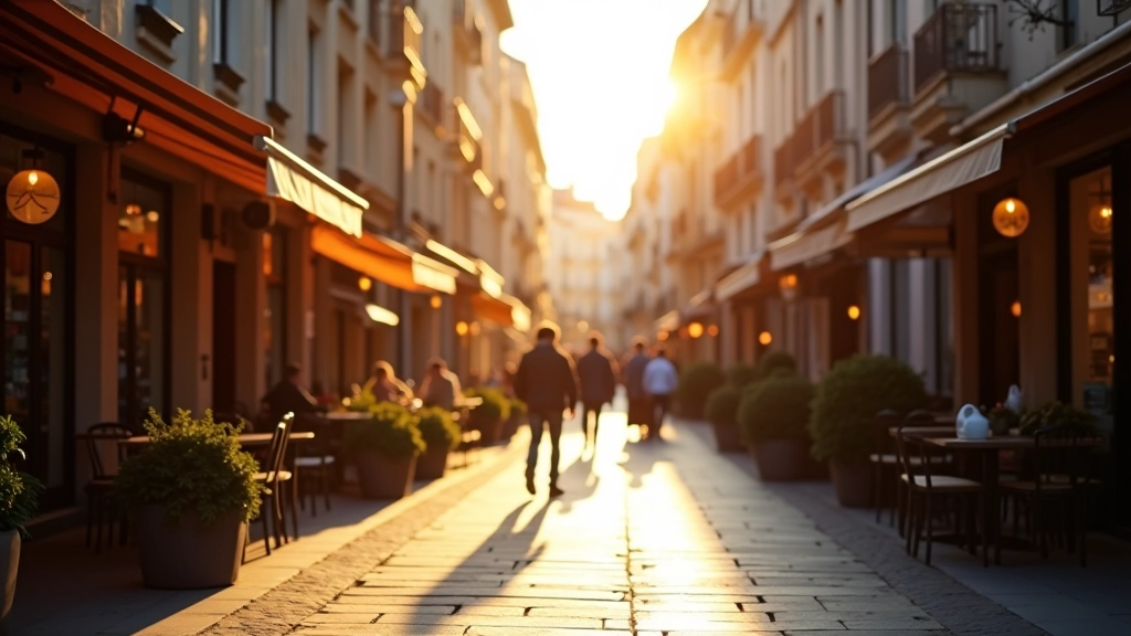 Centre-ville de Bayonne avec commerces et terrasses animées, lumière de fin d'après-midi