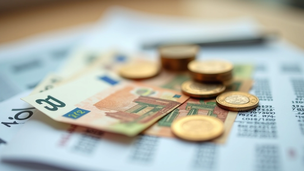 Gros plan sur des billets d'euros et des pièces de monnaie disposés avec des documents budgétaires