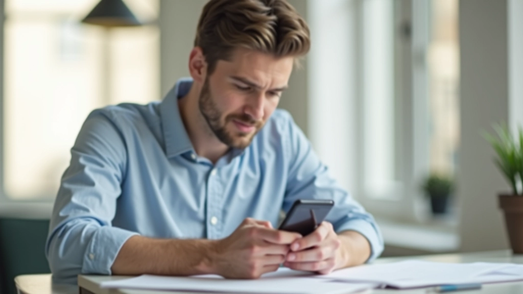 Homme consultant son téléphone pour vérifier ses finances, à son bureau