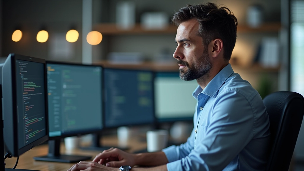 Entrepreneur à son bureau avec plusieurs écrans montrant différents projets et sources de revenus