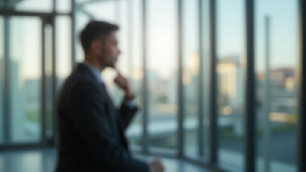 Personne réfléchissante regardant par une fenêtre, intérieur de bureau moderne