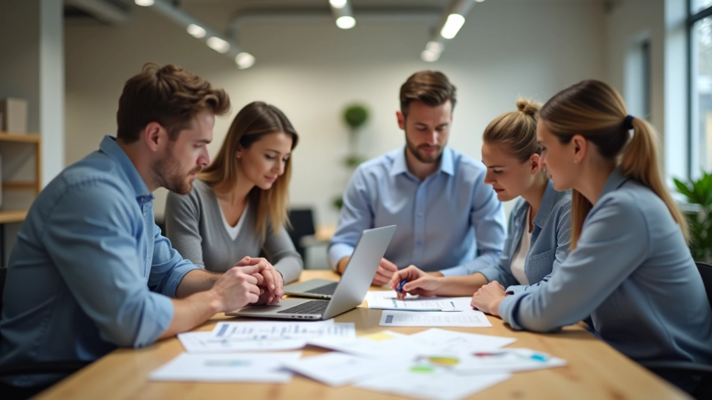 Équipe de travail collaborant autour d'une table avec ordinateur et documents