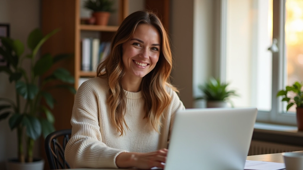 Femme souriante regardant son compte épargne sur son ordinateur portable