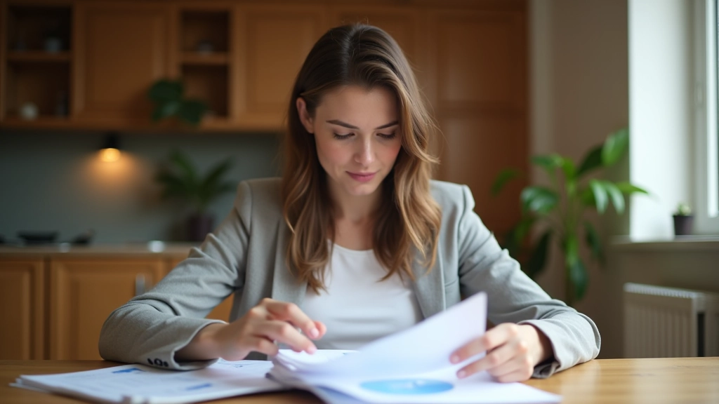 Femme examinant ses relevés bancaires et documents financiers personnels à la maison