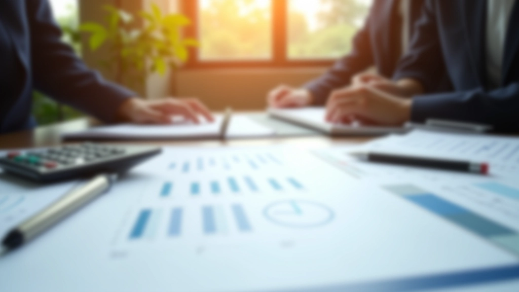 Environnement de travail collaboratif montrant analyses financières et documents stratégiques sur un bureau